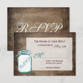 Aquamarin Mason Jar Rustic Brown Wedding RSVP Card Karte (Vorne/Hinten)