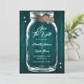 Aquamarin Mason Jar Rustic Country Barn Wood Weddi Save The Date (Stehend Vorderseite)