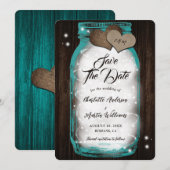 Aquamarin Mason Jar String Lights Barn Wood Weddin Save The Date (Vorne/Hinten)