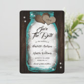 Aquamarin Mason Jar String Lights Barn Wood Weddin Save The Date (Stehend Vorderseite)