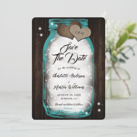 Aquamarin Mason Jar String Lights Barn Wood Weddin Save The Date (Stehend Vorderseite)