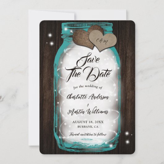 Aquamarin Mason Jar String Lights Barn Wood Weddin Save The Date (Vorderseite)