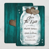 Aquamarin Mason Jar String Lights Barn Wood Weddin Save The Date (Vorne/Hinten)