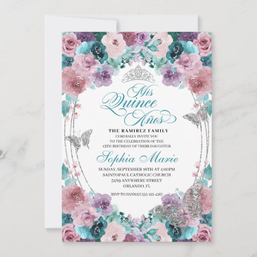 Aquamarin & Mauve Ocean Sunset Tiara Quinceanera Einladung (Vorderseite)