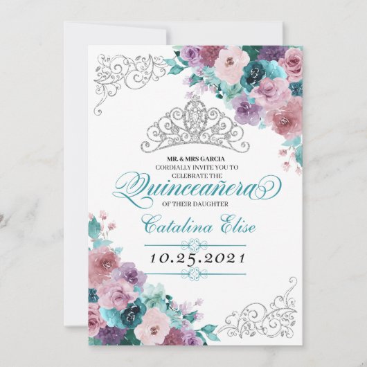 Aquamarin & Mauve Sunset Tiara Quinceanera Einladung (Vorderseite)