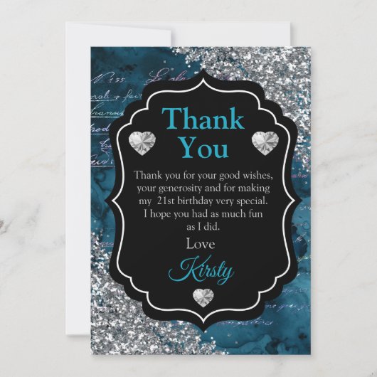 Aquamarin Mermaid Letters Silver Glitzer Vielen Da Dankeskarte (Vorderseite)