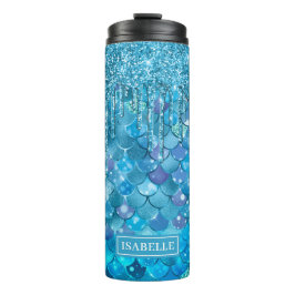 Aquamarin Mermaid Scales Blue Glitzer Tropfen Thermosbecher