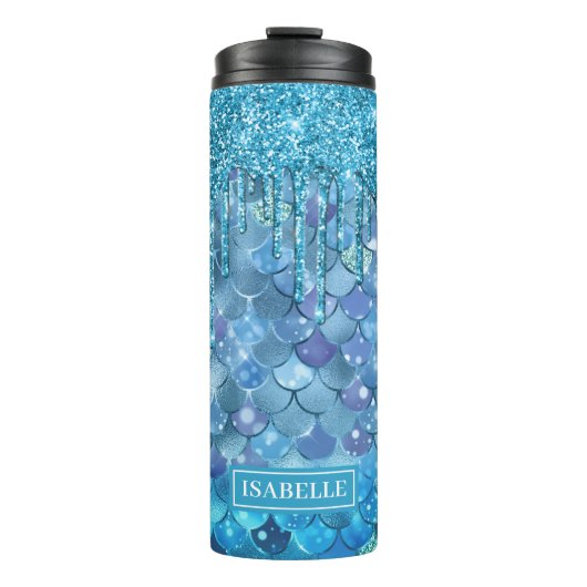 Aquamarin Mermaid Scales Blue Glitzer Tropfen Thermosbecher (Vorderseite)
