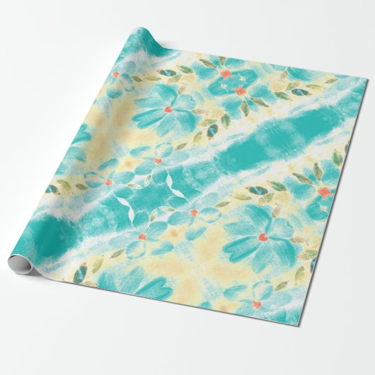 Aquamarin mit Floral Geschenkpapier (Ungerollt)