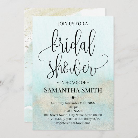 Aquamarin mit Gold Ocean Brautparty Hochzeit Aqua Einladung (Vorne/Hinten)