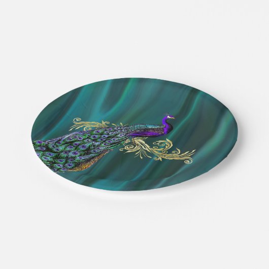 Aquamarin mit Pfau-Wedding Papierplatte Pappteller (Schrägansicht)