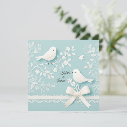 Aquamarin mit romantischer Hochzeit und Vogelhochz Einladung (Stehend Vorderseite)