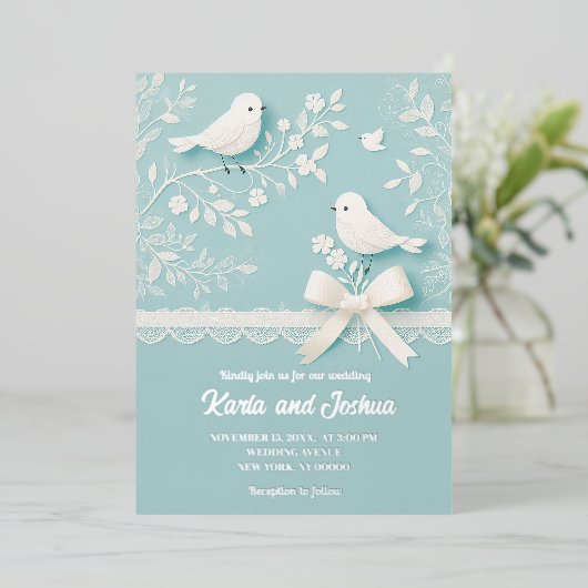 Aquamarin mit romantischer Hochzeit und Vogelhochz Folieneinladung (Stehend vorne)