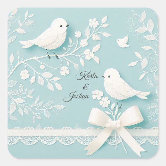Aquamarin mit romantischer Hochzeit und Vogelhochz Quadratischer Aufkleber (Vorderseite)