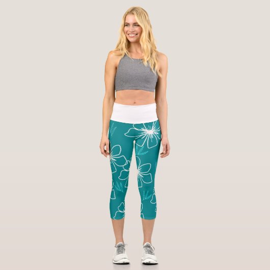 Aquamarin mit weißdurchsichtigen Blume Capri Leggings (Vorderseite)