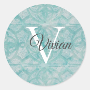 Aquamarin mit weißem Monogramm Runder Aufkleber