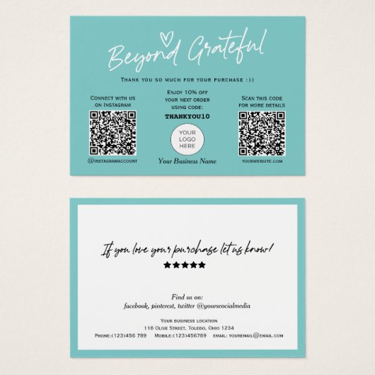 Aquamarin Modern Stylischer Script QR Code Dankesc (Vorne & Hinten)