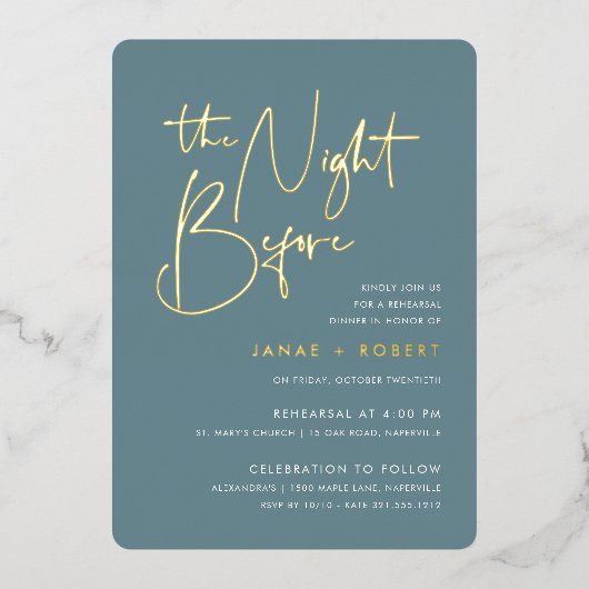 Aquamarin | Modernes Minimal Script Probe Dinner Folieneinladung (Vorderseite)
