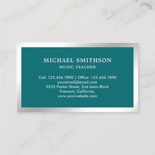 Aquamarin Music Teacher Silver Foil Drum Kit Drumm Visitenkarte (Rückseite)