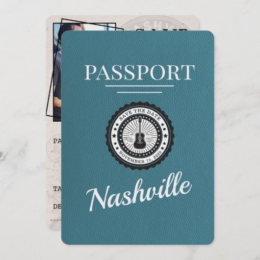 Aquamarin Nashville Passport Save the Date (Vorne/Hinten)