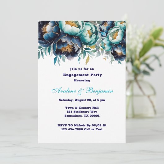 Aquamarin Navy Blue Painted Peony Engagement Party Einladung (Stehend Vorderseite)