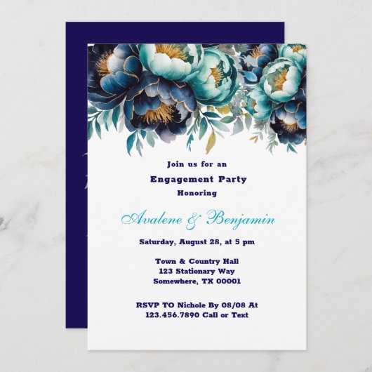 Aquamarin Navy Blue Painted Peony Engagement Party Einladung (Vorne/Hinten)