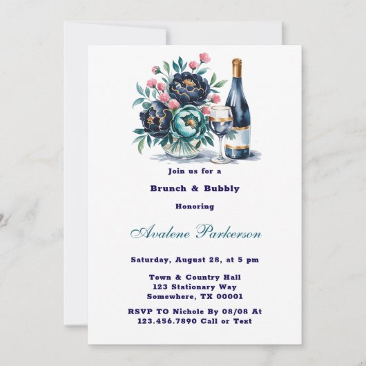 Aquamarin Navy Blue Peony Blume Brunch und Bubbly Einladung (Vorderseite)