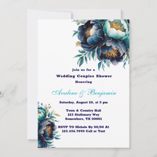 Aquamarin Navy Blue Peony Wedding Couples Dusche Einladung (Vorderseite)