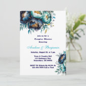 Aquamarin Navy Blue Watercolor Peony Couples Dusch Einladung (Stehend Vorderseite)
