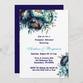 Aquamarin Navy Blue Watercolor Peony Couples Dusch Einladung (Vorne/Hinten)