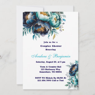 Aquamarin Navy Blue Watercolor Peony Couples Dusch Einladung