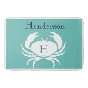 Aquamarin Navy Blue White Crab Nautical Kitrug Badematte