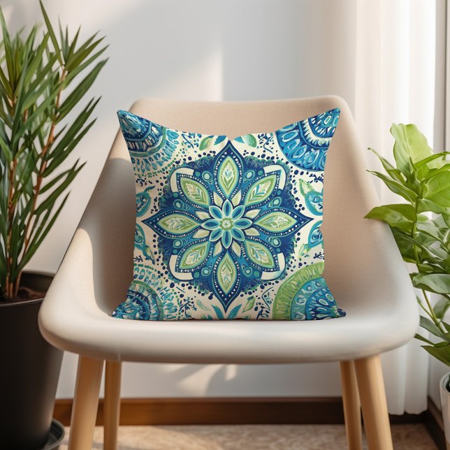 Aquamarin Navy Limon Mandela Boho Kissen (Teal Navy Lime Mandela Boho Throw Pillow)