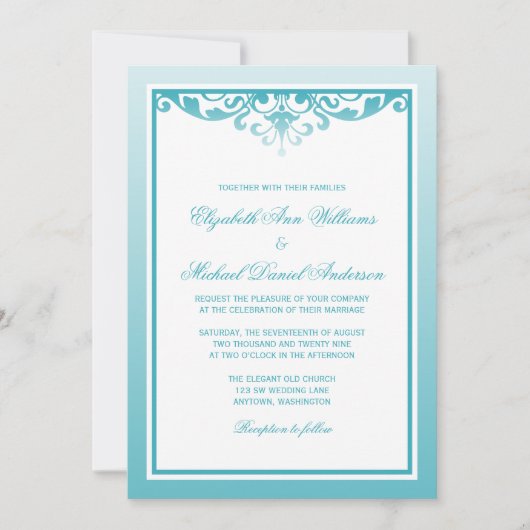 Aquamarin Ombre Border Blüh Wedding Einladung (Vorderseite)