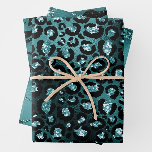 Aquamarin Ombre Glam Glitzer Jungle Animal Print Geschenkpapier Set (Beispiel)