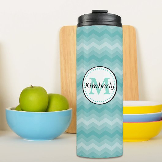 Aquamarin Ombre Zickzack Monogram Thermosbecher