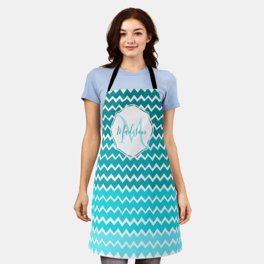 Aquamarin Ombre Zickzack Personalisierte Schürze (Getragen)