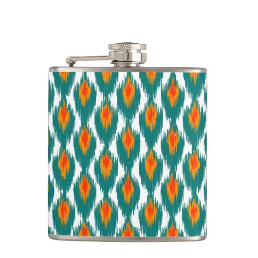 Aquamarin Orange Abstrakt Tribal Ikat Diamond Must Flachmann (Vorderseite)