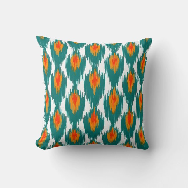 Aquamarin Orange Abstrakt Tribal Ikat Diamond Must Kissen (Vorderseite)