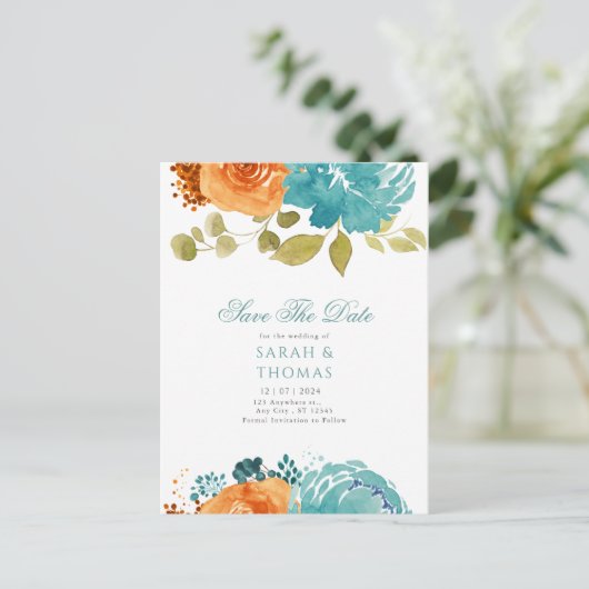 Aquamarin Orange Boho Floral Fall Save the Date Postkarte (Stehend Vorderseite)