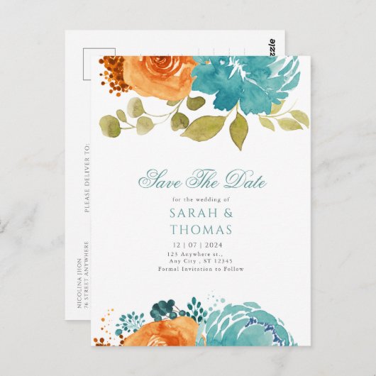 Aquamarin Orange Boho Floral Fall Save the Date Postkarte (Vorne/Hinten)