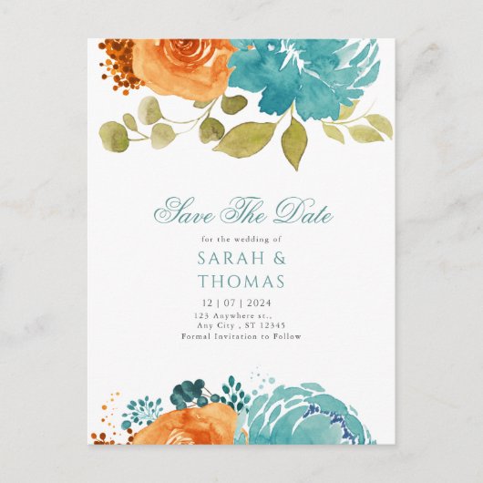 Aquamarin Orange Boho Floral Fall Save the Date Postkarte (Vorderseite)