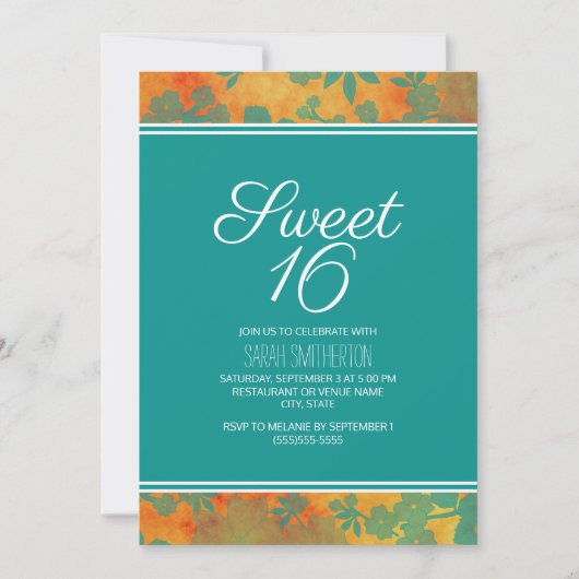 Aquamarin Orange Floral Sweet 16 Girls Einladung (Vorderseite)