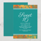 Aquamarin Orange Floral Sweet 16 Girls Einladung (Vorne/Hinten)