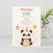 Aquamarin & orange Panda Cake and Balloons 1. Gebu Einladung (Stehend Vorderseite)