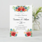 Aquamarin Orange Red Florals Gold Couples Dusche Einladung (Stehend Vorderseite)