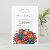 Aquamarin Orange Red Peony Bouquet Polterabend Einladung (Stehend Vorderseite)