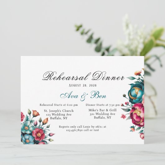 Aquamarin Orange Red Peony Probe Dinner Einladung (Stehend Vorderseite)