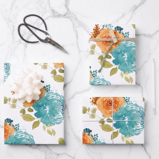 Aquamarin Orange Terracotta Boho Floral Geschenkpapier Set (Vorderseite)