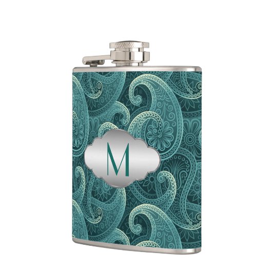 Aquamarin Paisley Timeless Pattern Monogram Flachmann (Links)